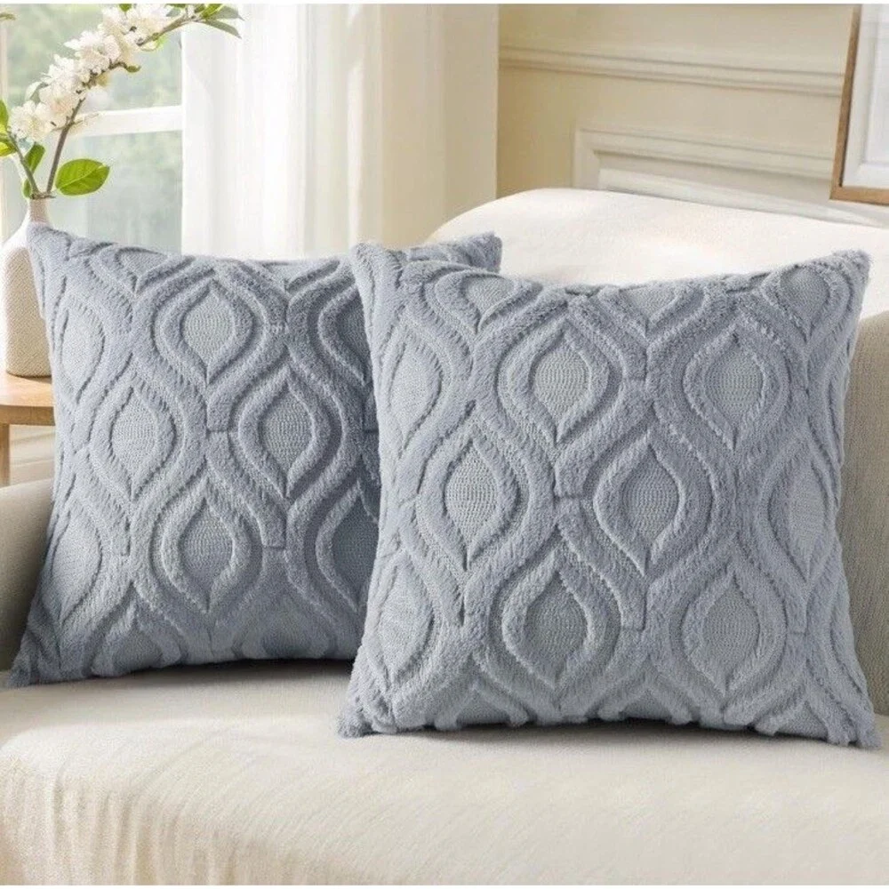 Pillow Covers 18X18in Set Of 2 Soft Plush Faux Fur Textured Blue Gray Farmhouse